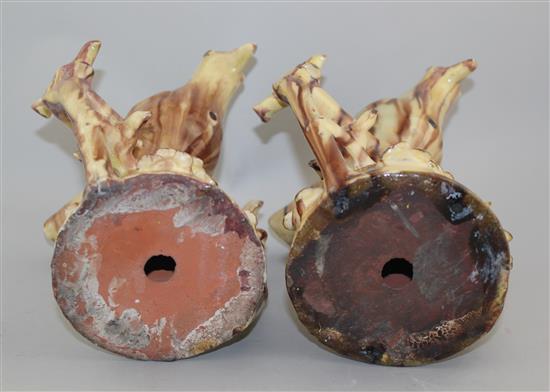 Two Yorkshire glazed red pottery figural bird whistles, second half 19th century, 25cm, restorations